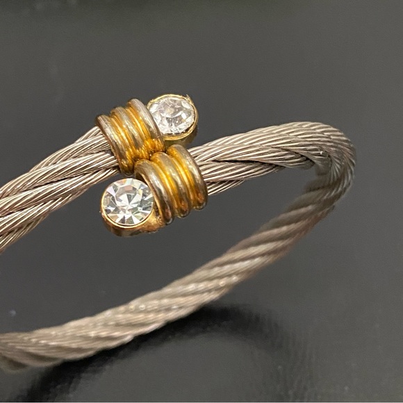 Unsigned Two-tone Twisted Cable Open Cuff CZ End Bangle Bracelet - Picture 10 of 12